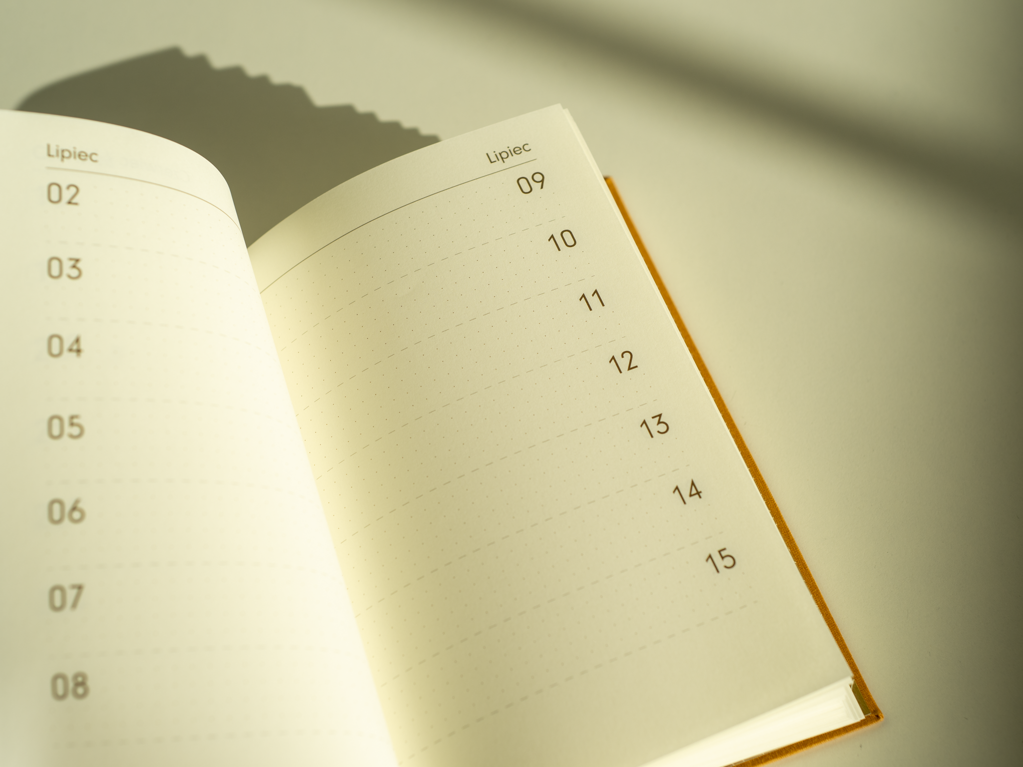 Na zdjęciu widoczny jest otwarty planer „Dookoła Roku” z widocznymi datami od 2 do 15 lipca. Strony notesu są jasne, z delikatną kropeczkowaną liniaturą, a całość oświetlona jest ciepłym, naturalnym światłem, które rzuca cień na papier.